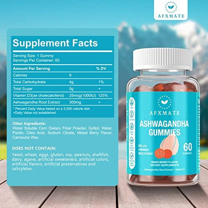 AFXMATE Ashwagandha Gummies & Vitamin D Gummies für Männer & Frauen – 120 Stück – Zuckerfrei, Glutenfrei, Non-GMO