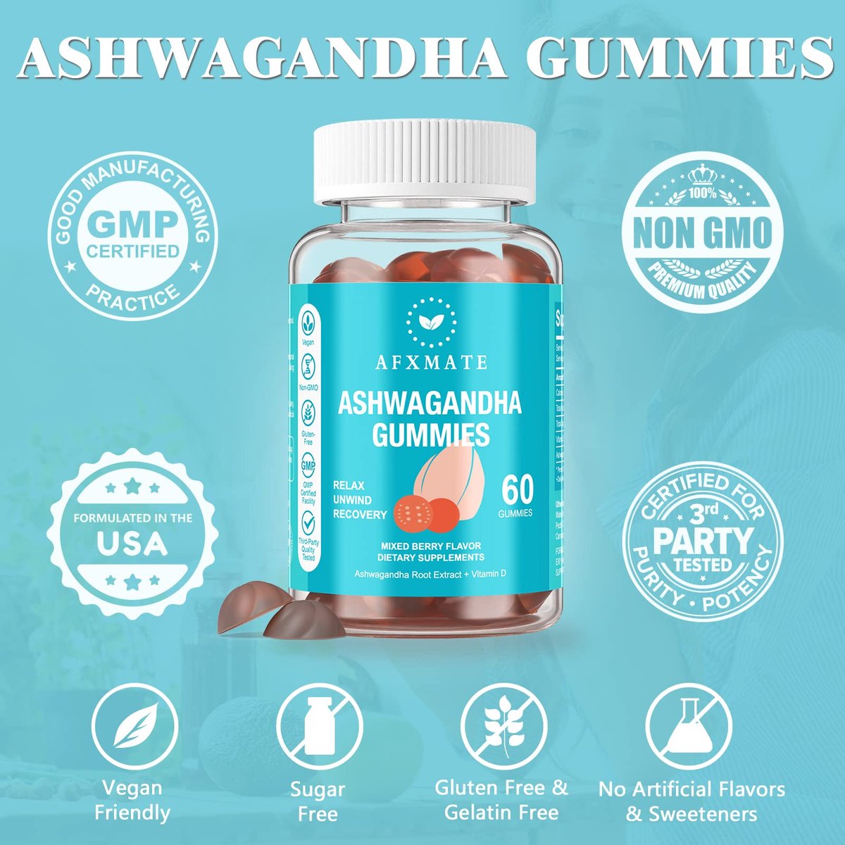 AFXMATE Ashwagandha Gummies & Vitamin D Gummies für Männer & Frauen – 120 Stück – Zuckerfrei, Glutenfrei, Non-GMO