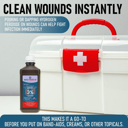 Epic Medical Supply H2O2 Wasserstoffperoxid Lösung 3% USP - 16 oz, Erste-Hilfe-Antiseptikum & Mehrzweckreiniger - Wasserstoffperoxid Mundspülung, topische Reinigung für Schnitte & Schürfwunden - 16 oz (1er-Pack)