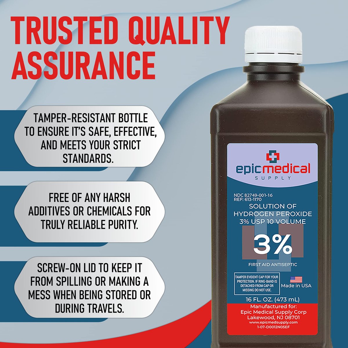 Epic Medical Supply H2O2 Wasserstoffperoxid Lösung 3% USP - 16 oz, Erste-Hilfe-Antiseptikum & Mehrzweckreiniger - Wasserstoffperoxid Mundspülung, topische Reinigung für Schnitte & Schürfwunden - 16 oz (1er-Pack)
