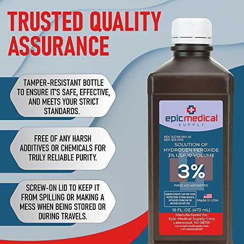 Epic Medical Supply H2O2 Wasserstoffperoxid Lösung 3% USP - 16 oz, Erste-Hilfe-Antiseptikum & Mehrzweckreiniger - Wasserstoffperoxid Mundspülung, topische Reinigung für Schnitte & Schürfwunden - 16 oz (1er-Pack)