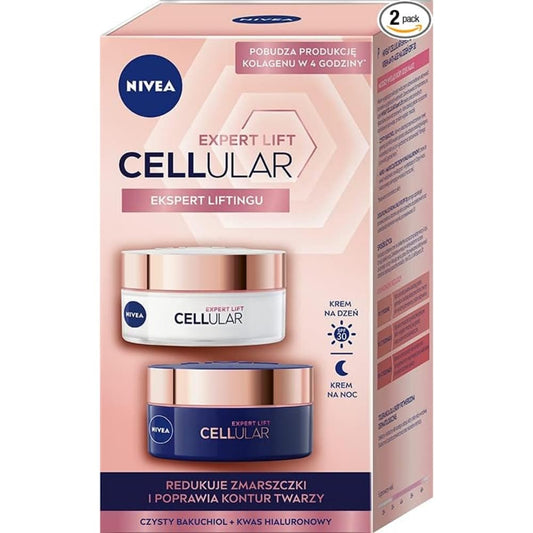 NIVEA Cellular Expert Lift Anti-Age Gesichtspflege Set – Tag- & Nachtcreme mit Bakuchiol und Dualer Hyaluronsäure, 2 × 50 ml (100 ml) – Anti-Falten, Straffende und Hauterneuernde Pflege für Reife Haut