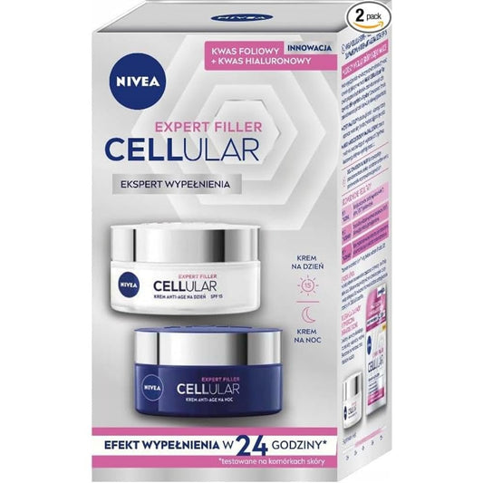 NIVEA Cellular Expert Filler Anti-Age Tages- und Nachtcreme Set – 2 × 50 ml – Tiefenhydratation, Straffung & Faltenfüllung für reife & alle Hauttypen, Anti-Aging-Pflege