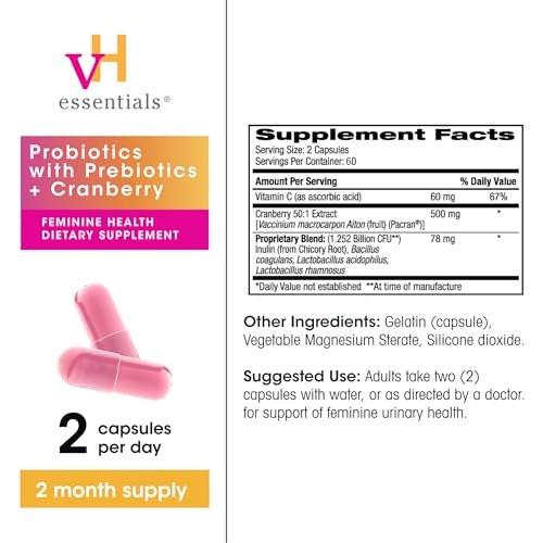 vH Essentials Probiotika für Frauen mit Präbiotika, Cranberry & Vitamin C - 120 Kapseln (60-Tage-Vorrat) - Probiotika zur Unterstützung der Darmgesundheit, des allgemeinen Wohlbefindens und der Harnwegsgesundheit für Frauen