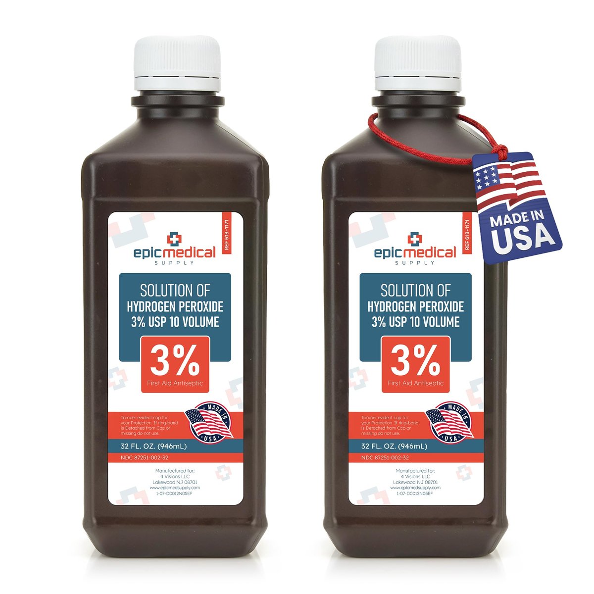 Epic Medical Supply Wasserstoffperoxid 32 oz. Erste-Hilfe-Antiseptikum und Mehrzweckreiniger, 3% USP, topische Spülung für kleine Schnitte, Kratzer, Insektenstiche und Hautreizungen (2er-Pack)