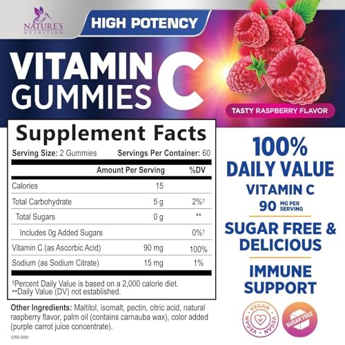 Zero Sugar Vitamin C Gummies - Immunstärkung & Antioxidans Vitamin C Nahrungsergänzung - Vegan, Nicht-GVO, Laktose- & Glutenfrei - Himbeergeschmack für Kinder & Erwachsene - 120 Gummis