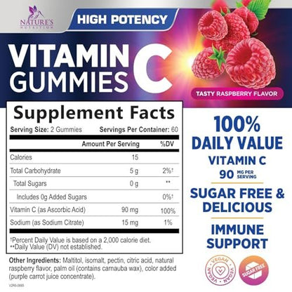 Zero Sugar Vitamin C Gummies - Immunstärkung & Antioxidans Vitamin C Nahrungsergänzung - Vegan, Nicht-GVO, Laktose- & Glutenfrei - Himbeergeschmack für Kinder & Erwachsene - 120 Gummis