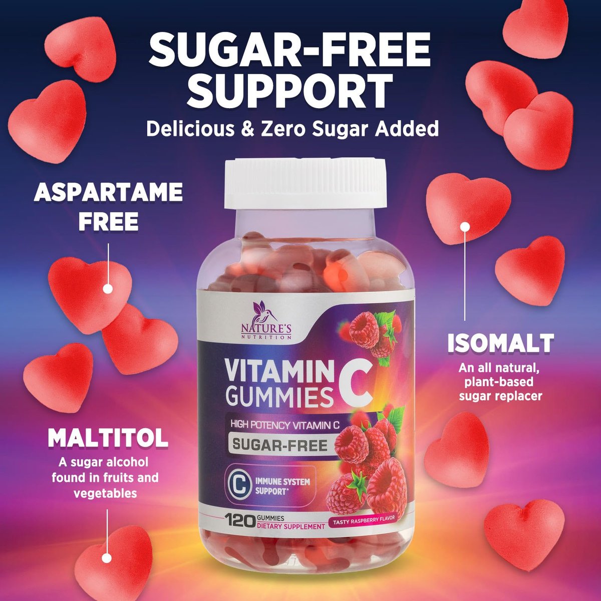 Zero Sugar Vitamin C Gummies - Immunstärkung & Antioxidans Vitamin C Nahrungsergänzung - Vegan, Nicht-GVO, Laktose- & Glutenfrei - Himbeergeschmack für Kinder & Erwachsene - 120 Gummis