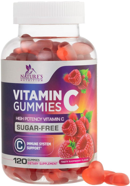 Zero Sugar Vitamin C Gummies - Immunstärkung & Antioxidans Vitamin C Nahrungsergänzung - Vegan, Nicht-GVO, Laktose- & Glutenfrei - Himbeergeschmack für Kinder & Erwachsene - 120 Gummis