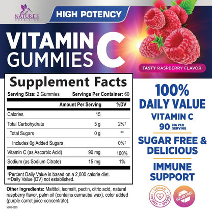 Zero Sugar Vitamin C Gummies - Immunstärkung & Antioxidans Vitamin C Nahrungsergänzung - Vegan, Nicht-GVO, Laktose- & Glutenfrei - Himbeergeschmack für Kinder & Erwachsene - 120 Gummis