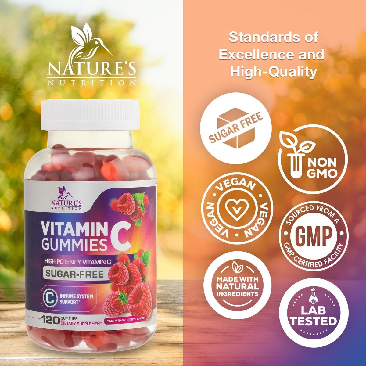 Zero Sugar Vitamin C Gummies - Immunstärkung & Antioxidans Vitamin C Nahrungsergänzung - Vegan, Nicht-GVO, Laktose- & Glutenfrei - Himbeergeschmack für Kinder & Erwachsene - 120 Gummis