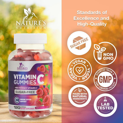 Zero Sugar Vitamin C Gummies - Immunstärkung & Antioxidans Vitamin C Nahrungsergänzung - Vegan, Nicht-GVO, Laktose- & Glutenfrei - Himbeergeschmack für Kinder & Erwachsene - 120 Gummis