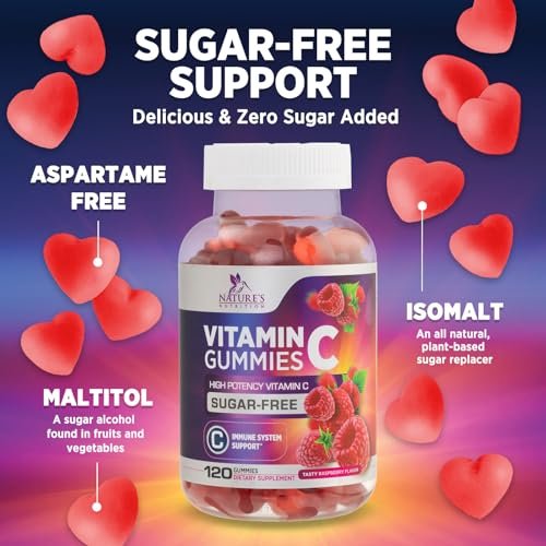 Zero Sugar Vitamin C Gummies - Immunstärkung & Antioxidans Vitamin C Nahrungsergänzung - Vegan, Nicht-GVO, Laktose- & Glutenfrei - Himbeergeschmack für Kinder & Erwachsene - 120 Gummis