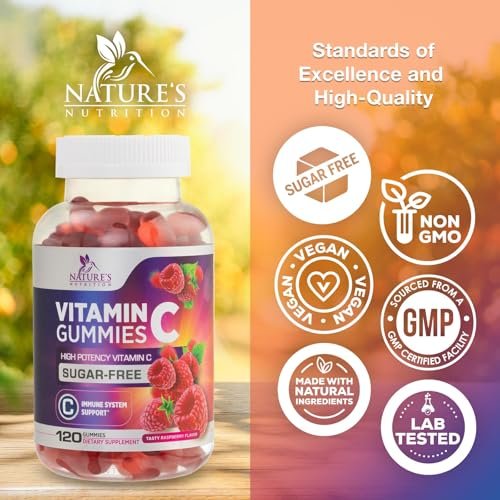 Zero Sugar Vitamin C Gummies - Immunstärkung & Antioxidans Vitamin C Nahrungsergänzung - Vegan, Nicht-GVO, Laktose- & Glutenfrei - Himbeergeschmack für Kinder & Erwachsene - 120 Gummis