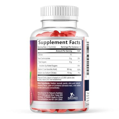 Zero Sugar Vitamin C Gummies - Immunstärkung & Antioxidans Vitamin C Nahrungsergänzung - Vegan, Nicht-GVO, Laktose- & Glutenfrei - Himbeergeschmack für Kinder & Erwachsene - 120 Gummis