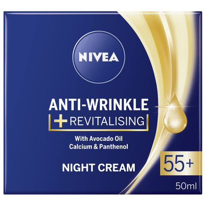 NIVEA Anti-Falten Nachtpflege 55+ Reichhaltig – Regenerierende Feuchtigkeitscreme mit Avocadoöl, Calcium & Panthenol, 50 ml für die Nacht