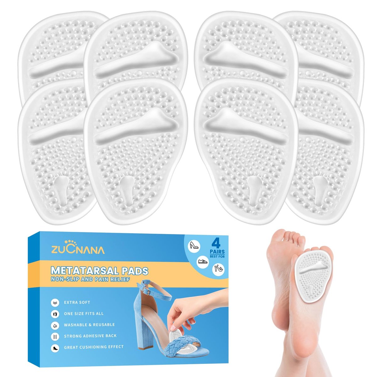 ZUCNANA Metatarsal-Pads für Damen – Weiche Gel-Einlegesohlen für hohe Schuhe, 4 Paar, rutschfest, sofortige Fußschmerzlinderung, selbstklebend, passen für alle Schuhgrößen