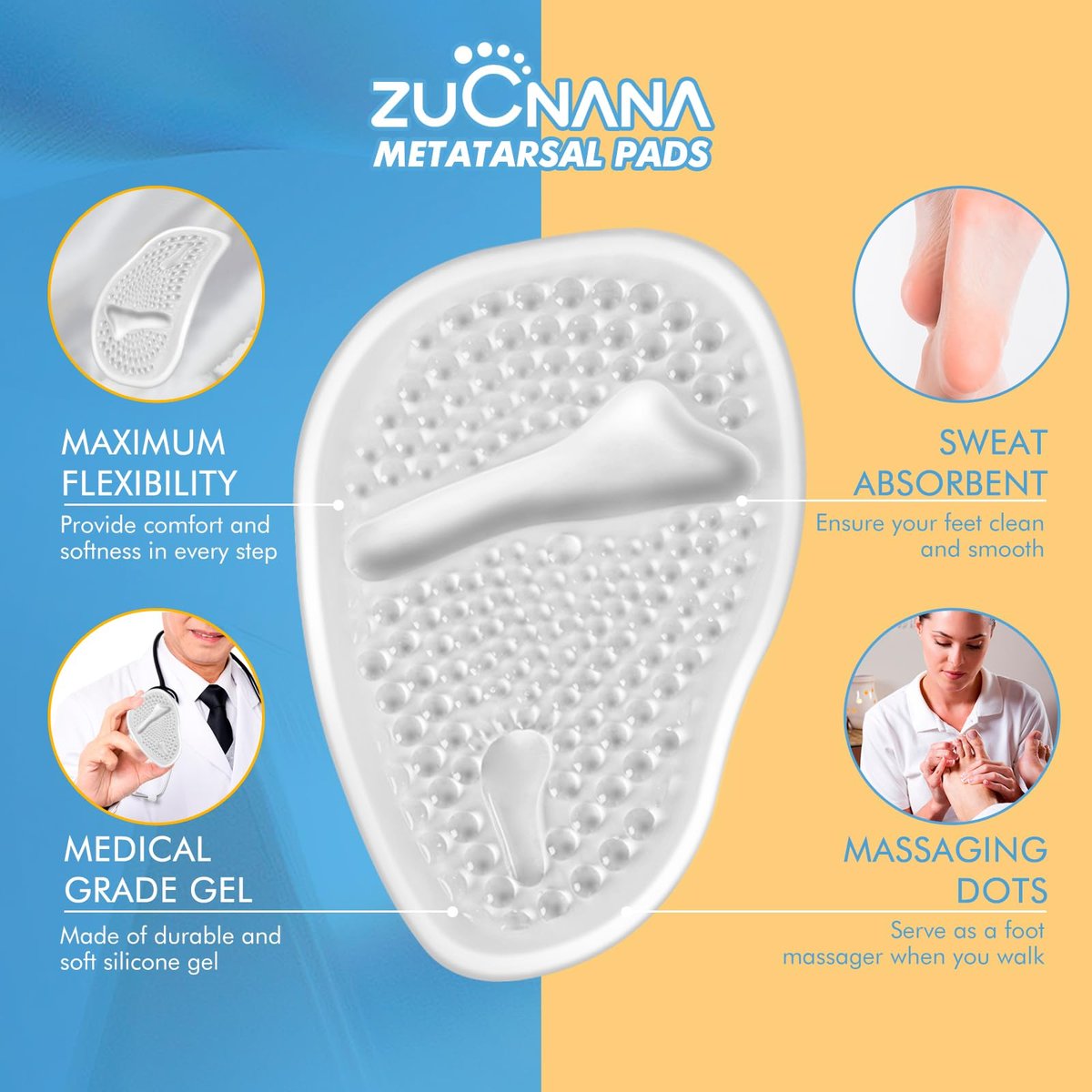 ZUCNANA Metatarsal-Pads für Damen – Weiche Gel-Einlegesohlen für hohe Schuhe, 4 Paar, rutschfest, sofortige Fußschmerzlinderung, selbstklebend, passen für alle Schuhgrößen