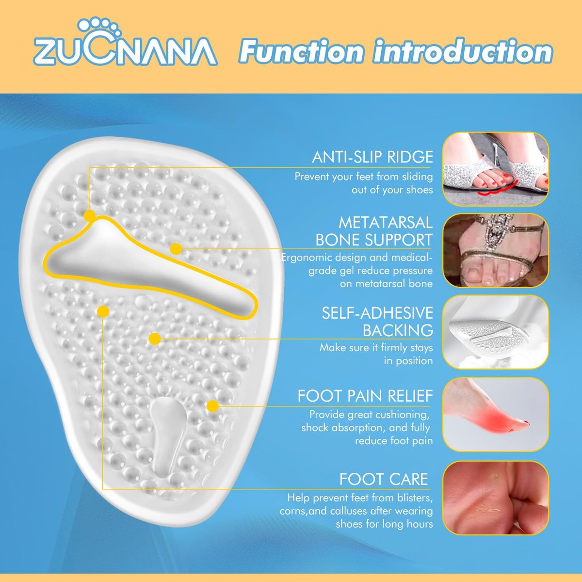ZUCNANA Metatarsal-Pads für Damen – Weiche Gel-Einlegesohlen für hohe Schuhe, 4 Paar, rutschfest, sofortige Fußschmerzlinderung, selbstklebend, passen für alle Schuhgrößen