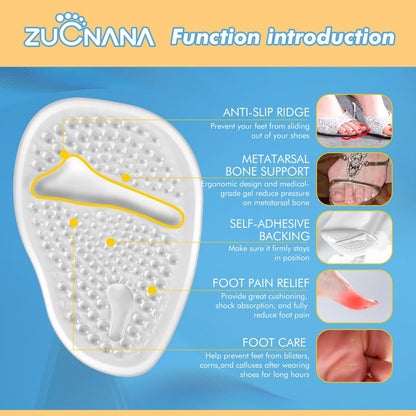 ZUCNANA Metatarsal-Pads für Damen – Weiche Gel-Einlegesohlen für hohe Schuhe, 4 Paar, rutschfest, sofortige Fußschmerzlinderung, selbstklebend, passen für alle Schuhgrößen