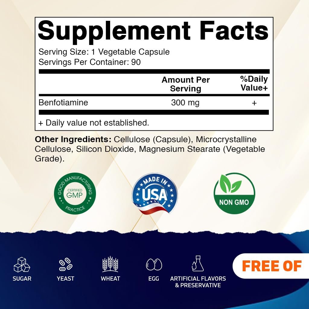 Vitamatic Benfotiamin 300 mg – Fettlösliches Vitamin B1 – 90 vegane Kapseln pro Flasche – 2 Flaschen (insgesamt 180 Kapseln)