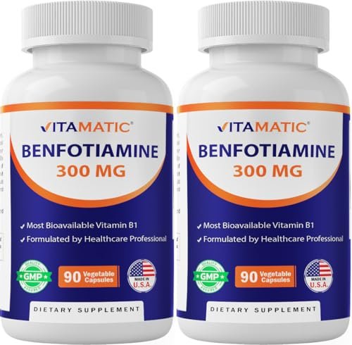 Vitamatic Benfotiamin 300 mg – Fettlösliches Vitamin B1 – 90 vegane Kapseln pro Flasche – 2 Flaschen (insgesamt 180 Kapseln)