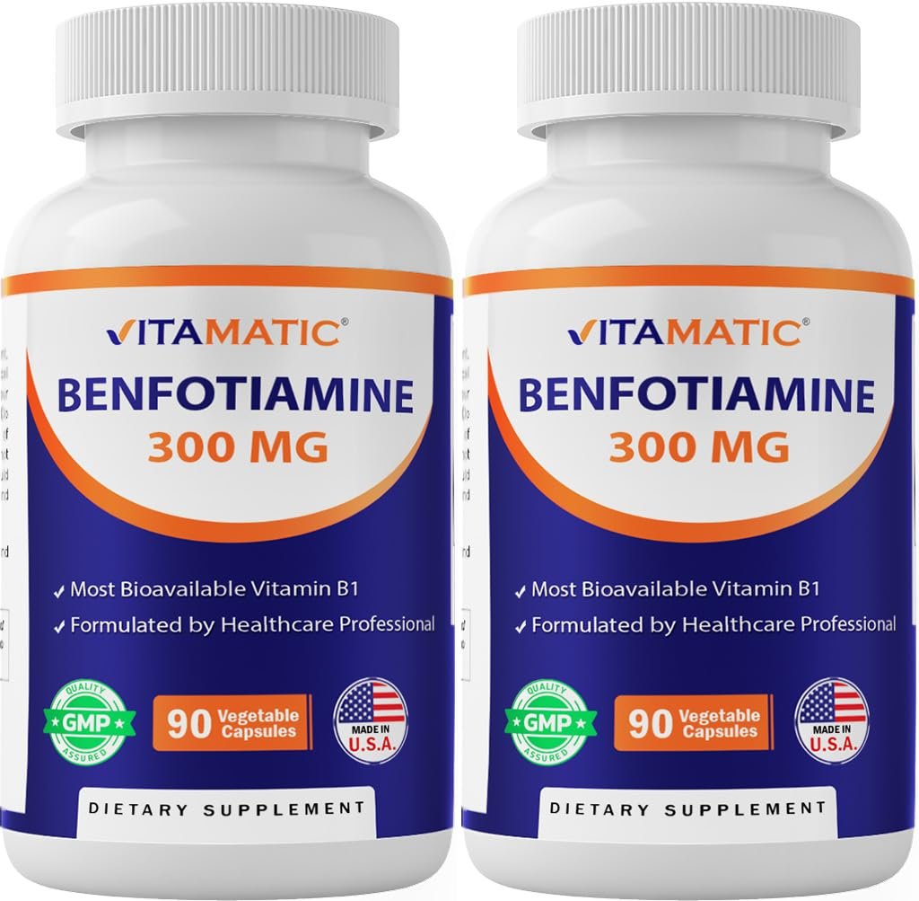 Vitamatic Benfotiamin 300 mg – Fettlösliches Vitamin B1 – 90 vegane Kapseln pro Flasche – 2 Flaschen (insgesamt 180 Kapseln)