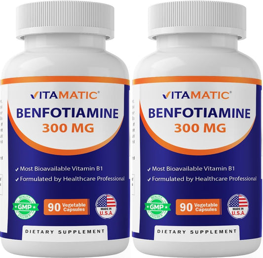 Vitamatic Benfotiamin 300 mg – Fettlösliches Vitamin B1 – 90 vegane Kapseln pro Flasche – 2 Flaschen (insgesamt 180 Kapseln)