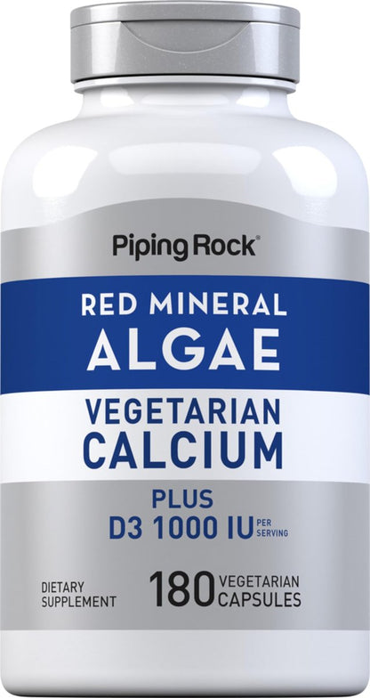 Piping Rock Rotalgen-Vegetarisches Calcium mit Vitamin D3 1000 IE | 180 Kapseln | Pflanzliche Mineralien | Non-GMO, Glutenfrei