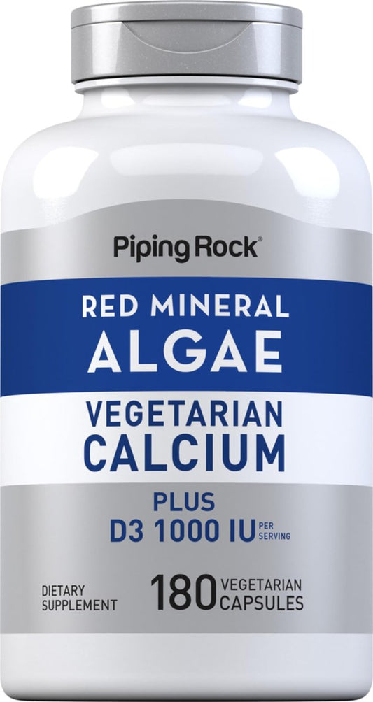 Piping Rock Rotalgen-Vegetarisches Calcium mit Vitamin D3 1000 IE | 180 Kapseln | Pflanzliche Mineralien | Non-GMO, Glutenfrei