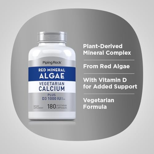 Piping Rock Rotalgen-Vegetarisches Calcium mit Vitamin D3 1000 IE | 180 Kapseln | Pflanzliche Mineralien | Non-GMO, Glutenfrei