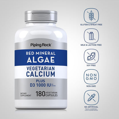 Piping Rock Rotalgen-Vegetarisches Calcium mit Vitamin D3 1000 IE | 180 Kapseln | Pflanzliche Mineralien | Non-GMO, Glutenfrei