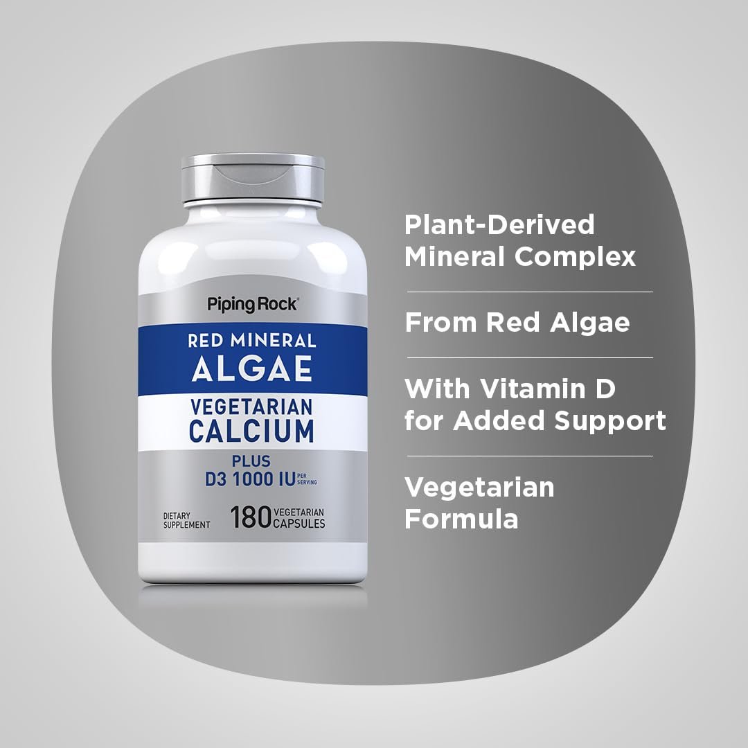 Piping Rock Rotalgen-Vegetarisches Calcium mit Vitamin D3 1000 IE | 180 Kapseln | Pflanzliche Mineralien | Non-GMO, Glutenfrei