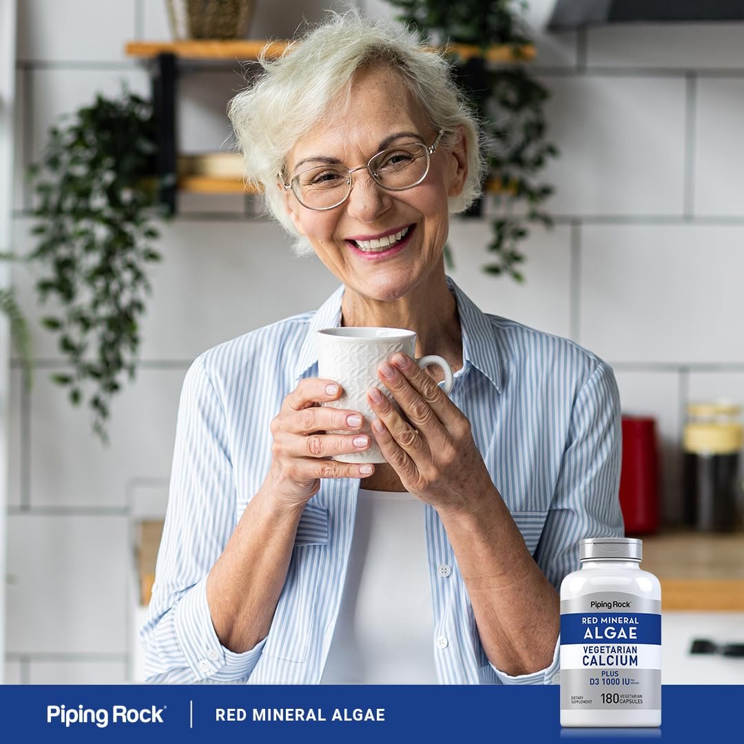 Piping Rock Rotalgen-Vegetarisches Calcium mit Vitamin D3 1000 IE | 180 Kapseln | Pflanzliche Mineralien | Non-GMO, Glutenfrei