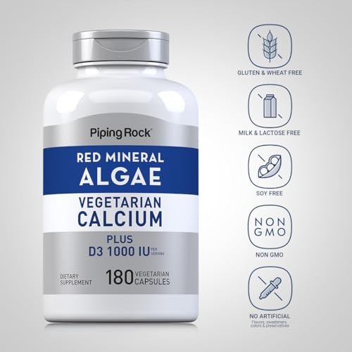 Piping Rock Rotalgen-Vegetarisches Calcium mit Vitamin D3 1000 IE | 180 Kapseln | Pflanzliche Mineralien | Non-GMO, Glutenfrei