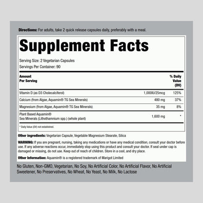 Piping Rock Rotalgen-Vegetarisches Calcium mit Vitamin D3 1000 IE | 180 Kapseln | Pflanzliche Mineralien | Non-GMO, Glutenfrei