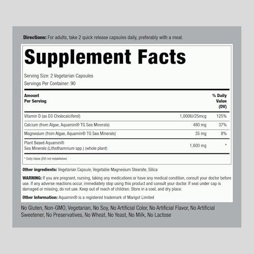 Piping Rock Rotalgen-Vegetarisches Calcium mit Vitamin D3 1000 IE | 180 Kapseln | Pflanzliche Mineralien | Non-GMO, Glutenfrei