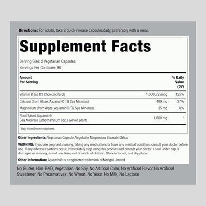 Piping Rock Rotalgen-Vegetarisches Calcium mit Vitamin D3 1000 IE | 180 Kapseln | Pflanzliche Mineralien | Non-GMO, Glutenfrei