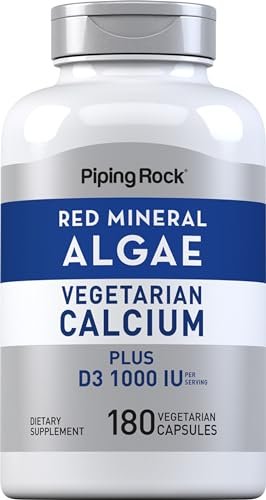 Piping Rock Rotalgen-Vegetarisches Calcium mit Vitamin D3 1000 IE | 180 Kapseln | Pflanzliche Mineralien | Non-GMO, Glutenfrei
