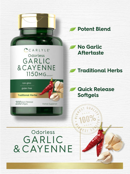 Carlyle Geruchsloser Knoblauch und Cayennepfeffer | 200 Softgels | Non-GMO, Glutenfrei