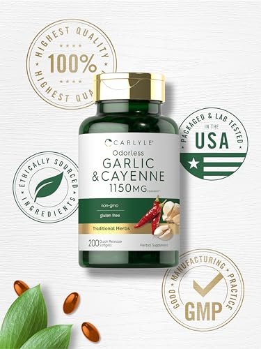 Carlyle Geruchsloser Knoblauch und Cayennepfeffer | 200 Softgels | Non-GMO, Glutenfrei