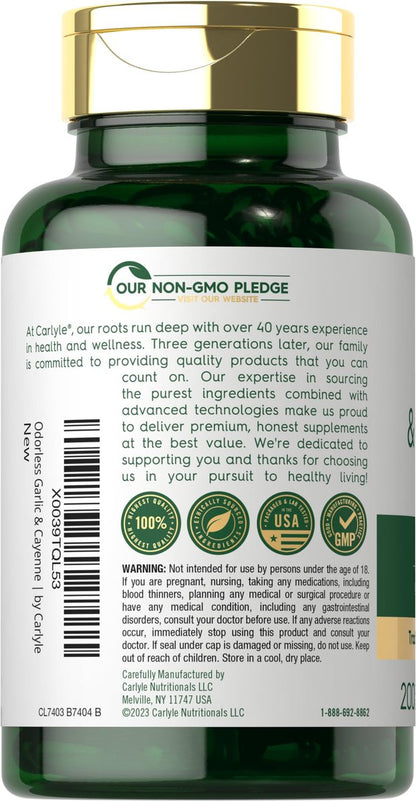 Carlyle Geruchsloser Knoblauch und Cayennepfeffer | 200 Softgels | Non-GMO, Glutenfrei