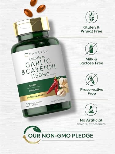 Carlyle Geruchsloser Knoblauch und Cayennepfeffer | 200 Softgels | Non-GMO, Glutenfrei