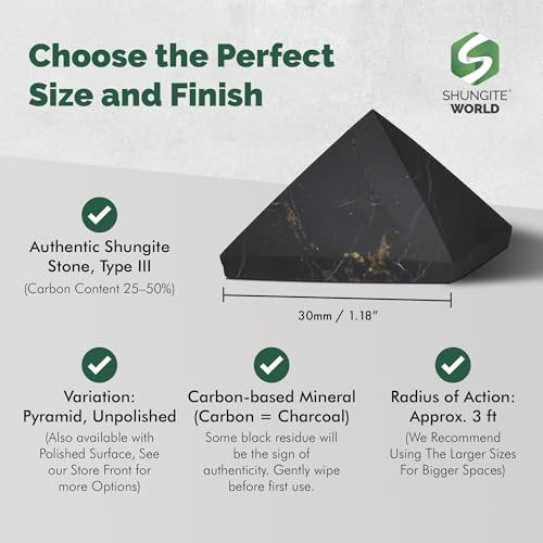 Shungite World Authentische Shungit-Pyramide, ungeschliffen, 30 mm, Chakra-Energie, natürlicher Heilungskristall, schwarze Pyramide für Büro, Meditation, Reiki, Erdung