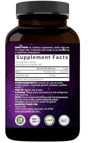 NatureBell Biotin 10000mcg + Hyaluronsäure 25mg | 360 Kokosöl-Softgel-Kapseln, Premium Biotin-Ergänzung für Haut, Haare und Nägel*