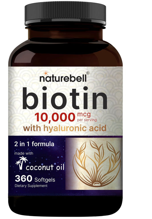 NatureBell Biotin 10000mcg + Hyaluronsäure 25mg | 360 Kokosöl-Softgel-Kapseln, Premium Biotin-Ergänzung für Haut, Haare und Nägel*