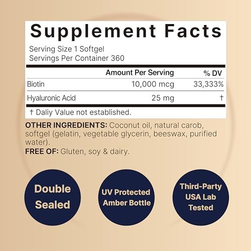 NatureBell Biotin 10000mcg + Hyaluronsäure 25mg | 360 Kokosöl-Softgel-Kapseln, Premium Biotin-Ergänzung für Haut, Haare und Nägel*