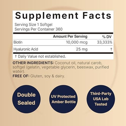 NatureBell Biotin 10000mcg + Hyaluronsäure 25mg | 360 Kokosöl-Softgel-Kapseln, Premium Biotin-Ergänzung für Haut, Haare und Nägel*