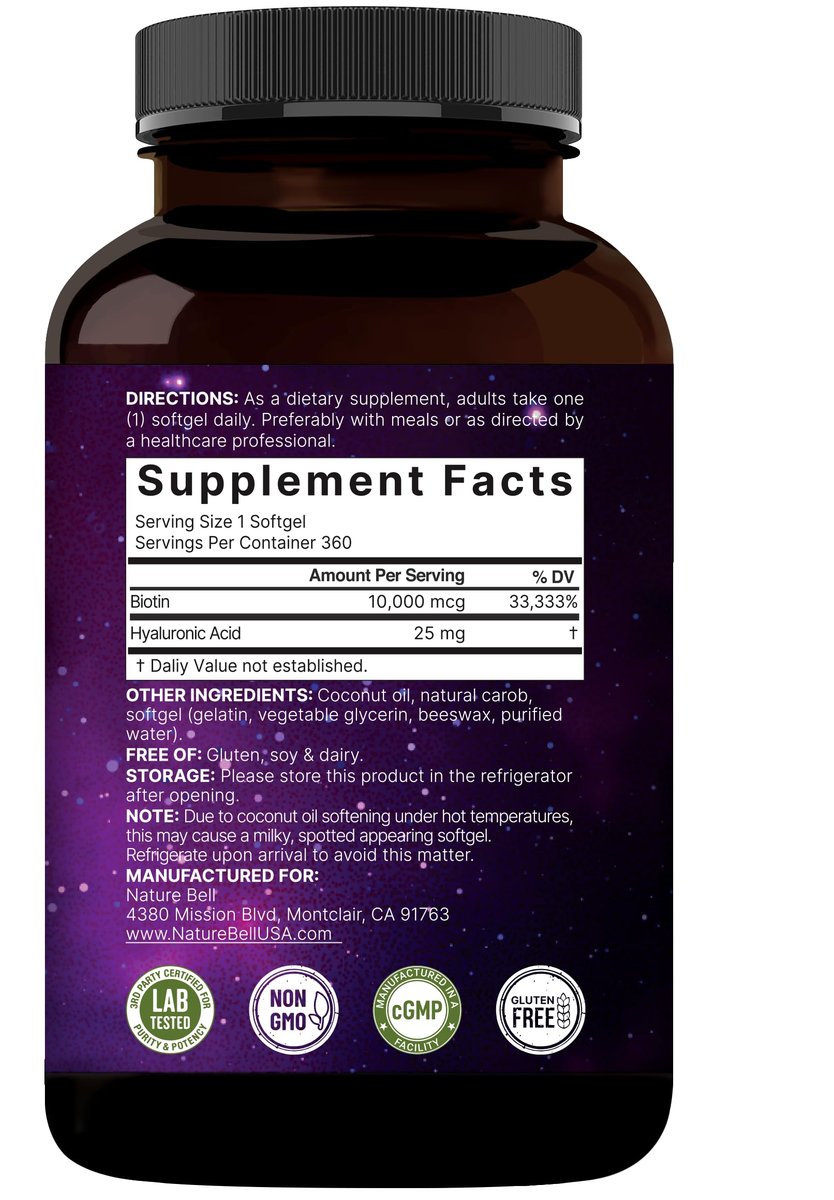 NatureBell Biotin 10000mcg + Hyaluronsäure 25mg | 360 Kokosöl-Softgel-Kapseln, Premium Biotin-Ergänzung für Haut, Haare und Nägel*