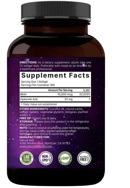 NatureBell Biotin 10000mcg + Hyaluronsäure 25mg | 360 Kokosöl-Softgel-Kapseln, Premium Biotin-Ergänzung für Haut, Haare und Nägel*